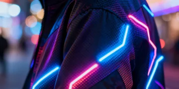 Stylish jacket with embedded LED strips displaying dynamic light patterns, representing affordable fashion tech innovation.