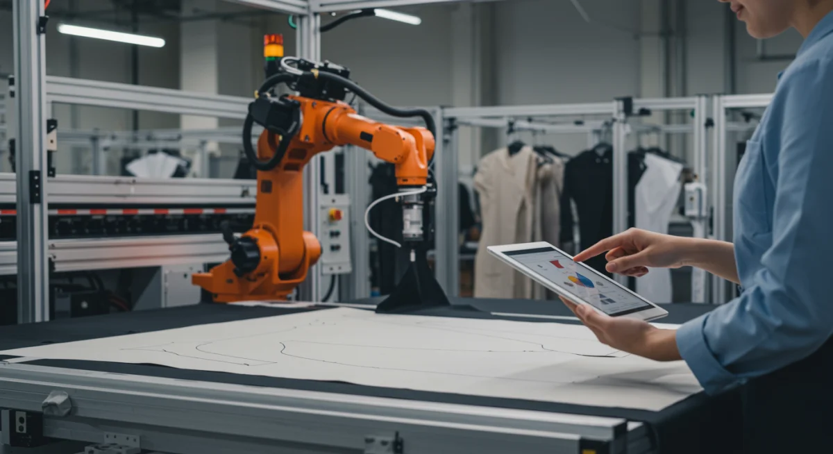 Robotic arm cutting fabric with AI precision