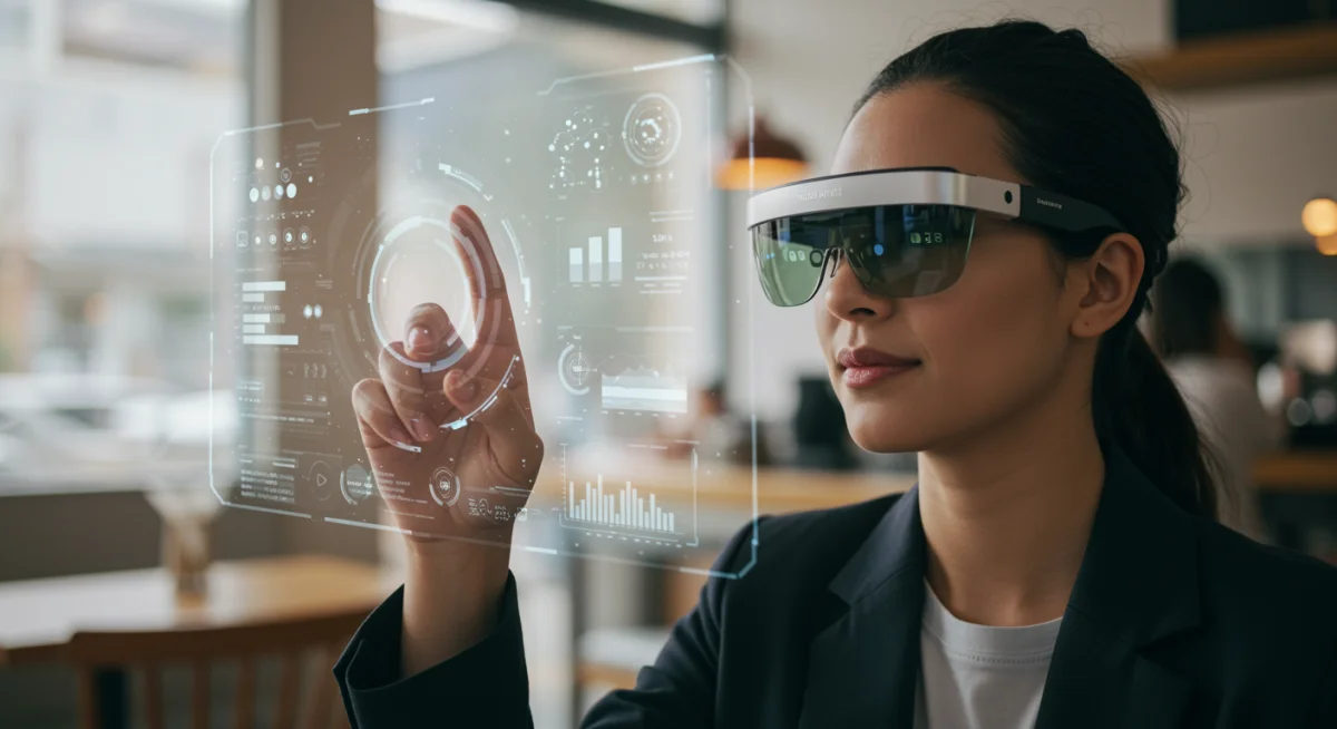 Person wearing sleek AR glasses interacting with holographic display.