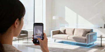 Augmented Reality Shopping: Woman visualizing sofa in living room