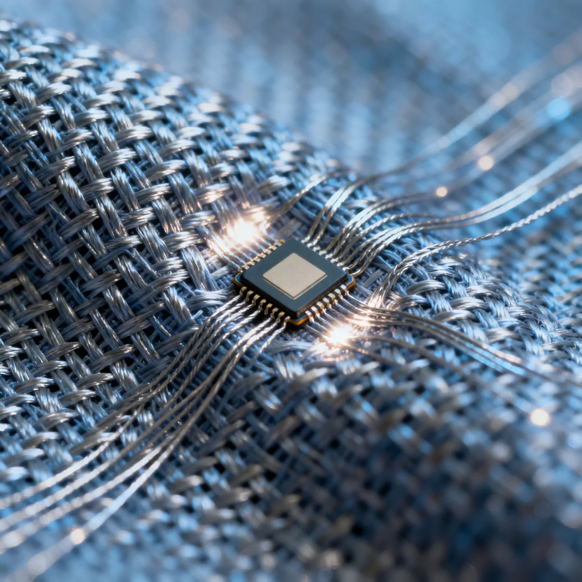 Close-up of conductive textile with embedded microchip, showcasing Smart Fabrics for Everyday technology.