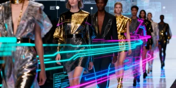 Futuristic fashion runway with data visualizations showing Data-Driven Design: How Predictive Analytics are Shaping Fashion Trends 6 Months in Advance for US Consumers.