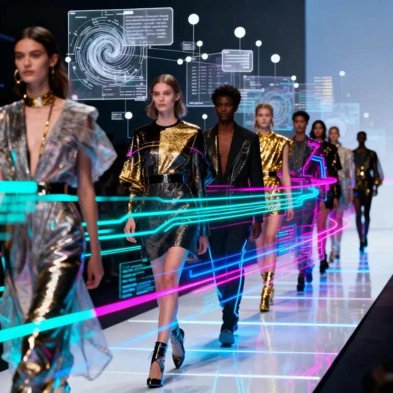 Futuristic fashion runway with data visualizations showing Data-Driven Design: How Predictive Analytics are Shaping Fashion Trends 6 Months in Advance for US Consumers.