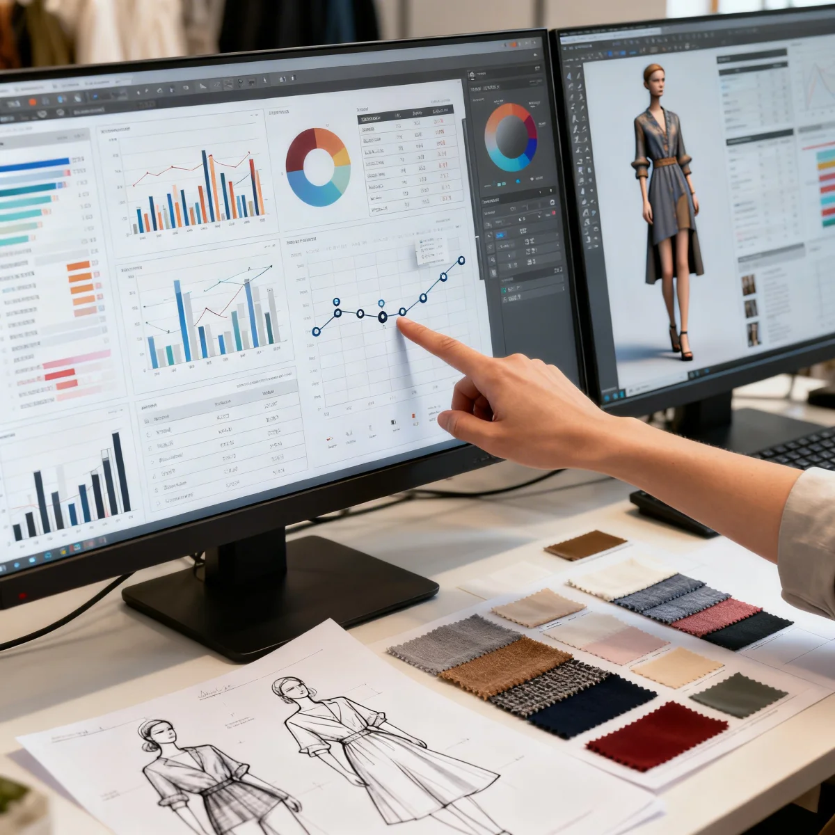 Designer analyzing data on multiple screens, integrating predictive analytics into fashion design workflow for future trends.