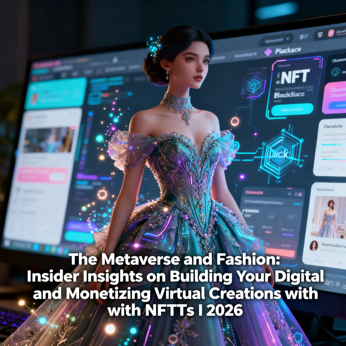 Digital avatar in virtual couture gown with NFT marketplace interface, showcasing Metaverse Fashion NFTs 2026.