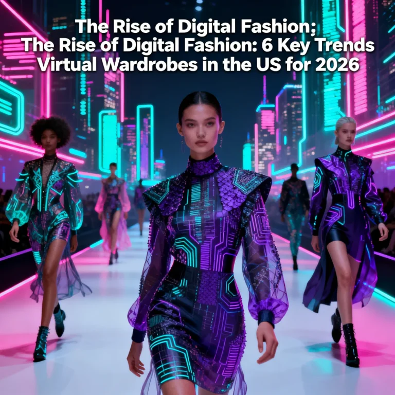 Futuristic digital fashion runway showcasing virtual garments in the US for 2026.