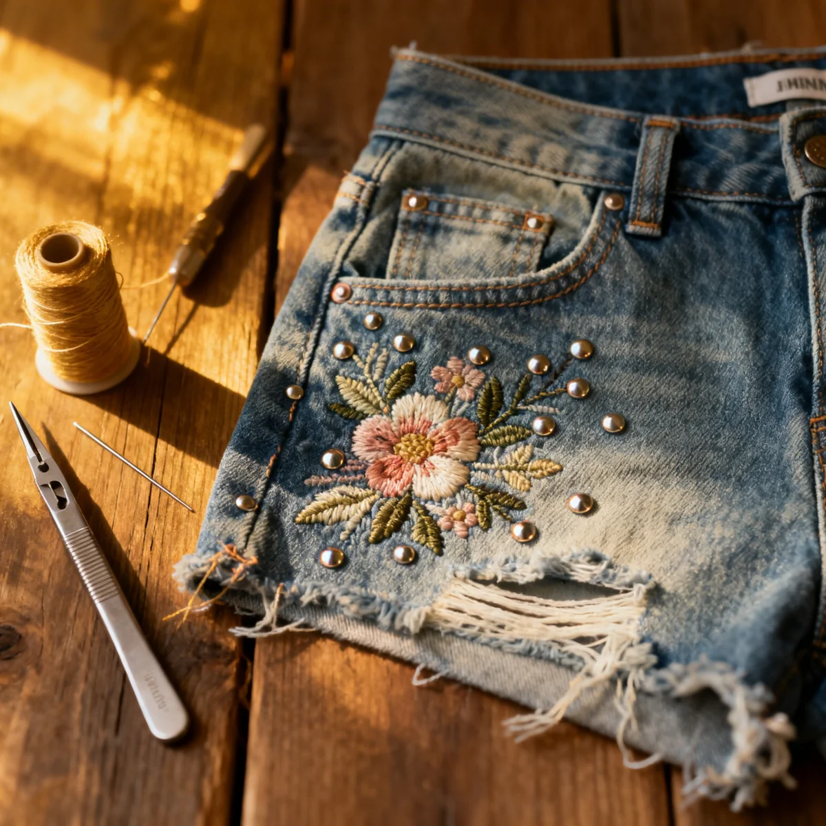 Distressed and embroidered Shein denim shorts, demonstrating a DIY fashion hack