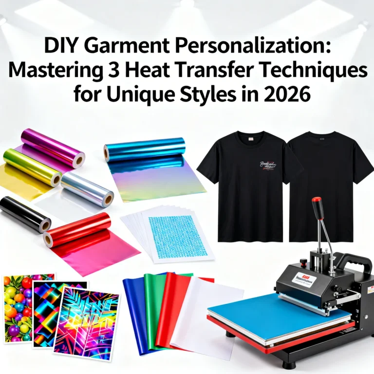 Materials for DIY garment personalization including vinyl, sublimation paper, and a heat press