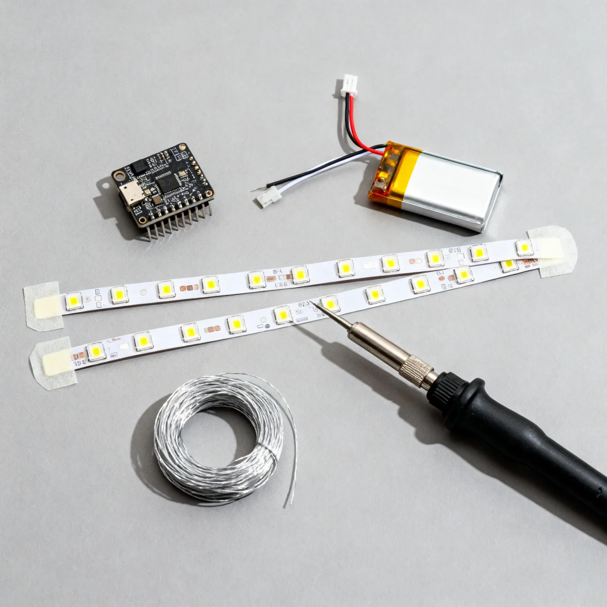 DIY LED clothing components laid out on a workbench, showing microcontroller, LED strips, battery, and tools for affordable fashion tech projects.