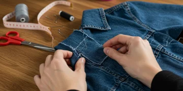 DIY Fashion Hacks: Extend Your Wardrobe's Life by 12 Months Hands sewing a patch onto a denim jacket, symbolizing DIY fashion hacks extending wardrobe life.