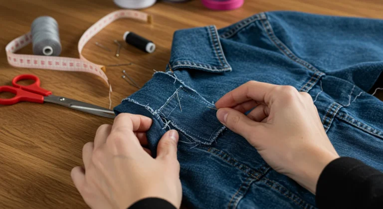 Hands sewing a patch onto a denim jacket, symbolizing DIY fashion hacks extending wardrobe life.
