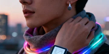 Stylish individual showcasing DIY wearable tech integrated into 2026 fashion accessories, including LED scarf, e-paper bracelet, and smart earring.