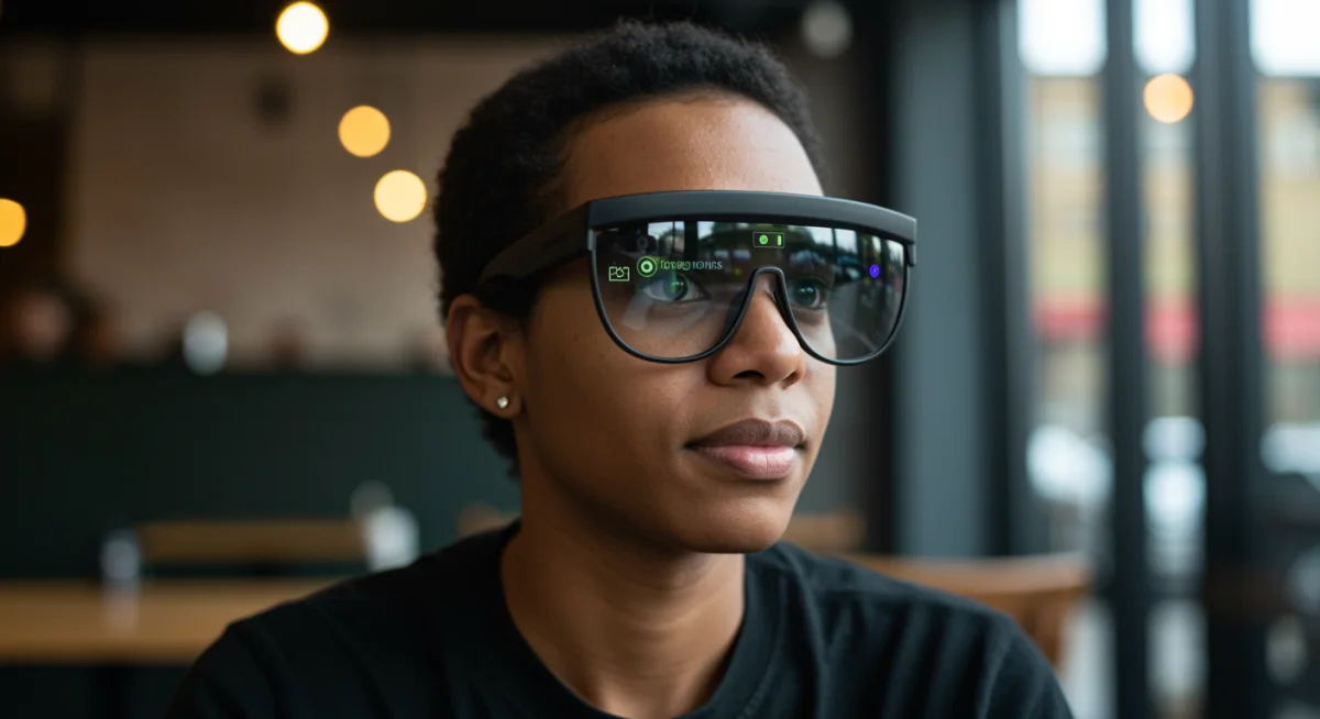 Fashionable augmented reality glasses in a modern setting, highlighting tech accessory trends.
