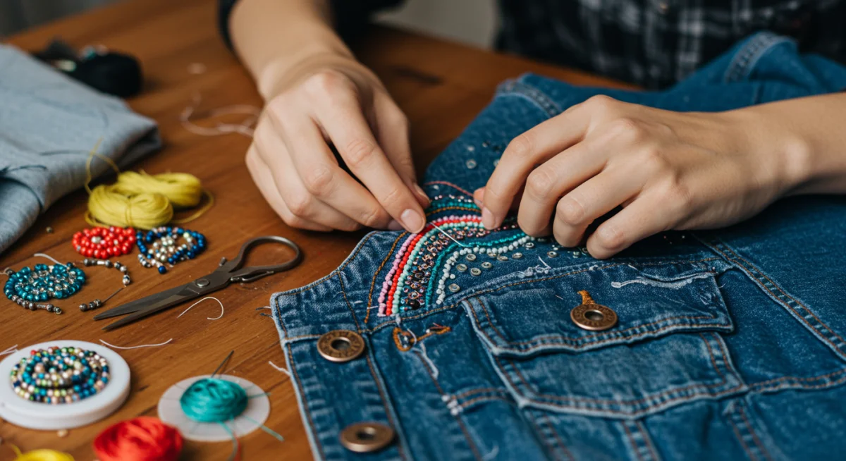 Hands embroidering a denim jacket with intricate details