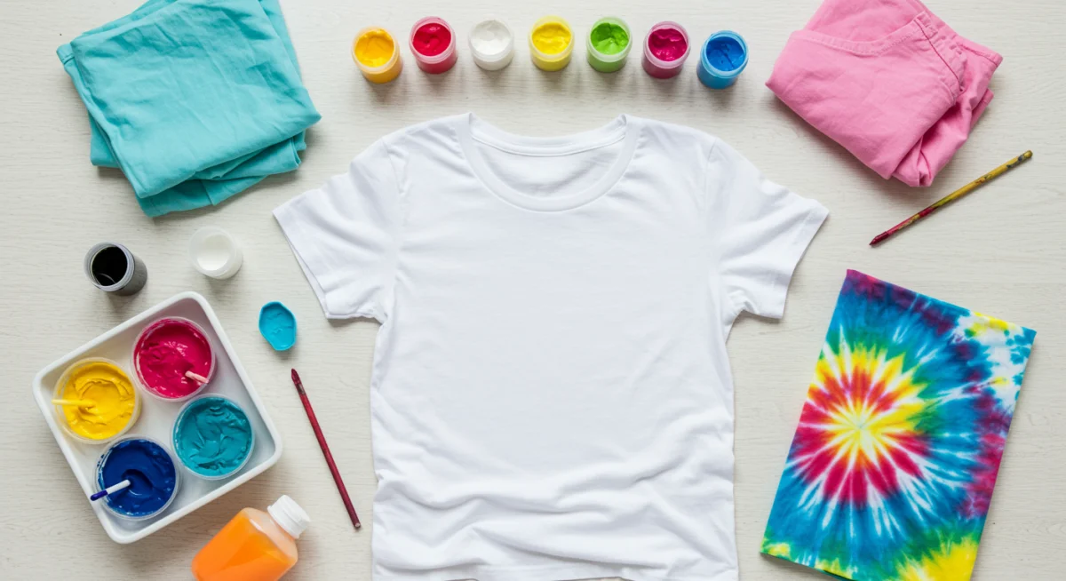 Fabric dyes and an old t-shirt ready for a tie-dye transformation, illustrating a DIY clothing upgrade.