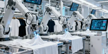 Robotic arms in a futuristic clothing factory, symbolizing the Future of Fast Fashion: 5 Emerging Technologies Driving Affordability and Accessibility in 2026.