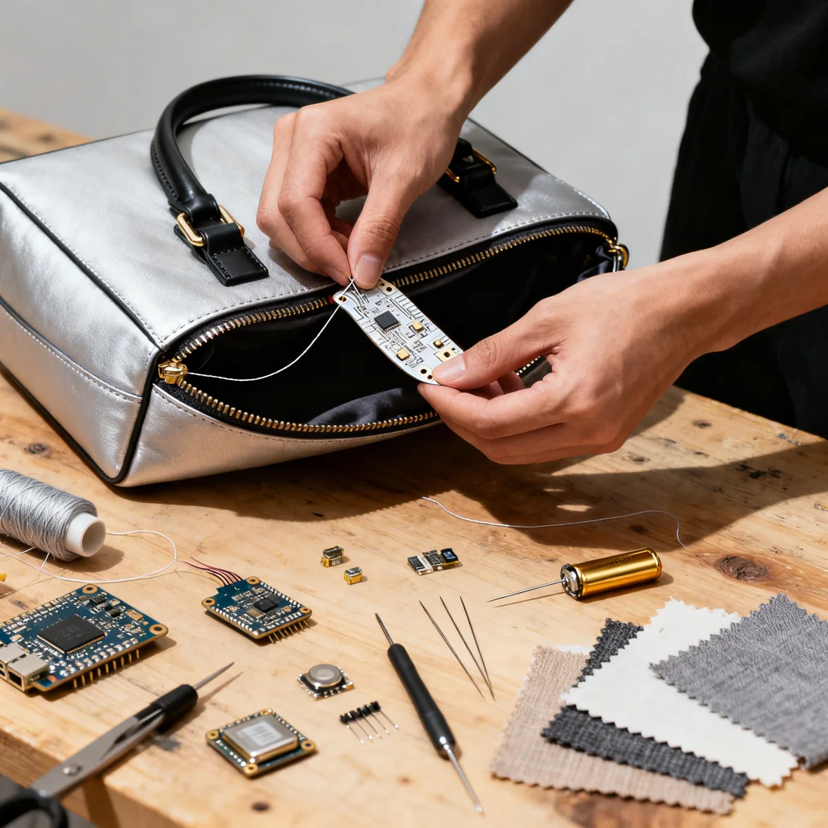 Hands integrating DIY wearable tech circuit board into a fashion accessory, surrounded by tools and components.