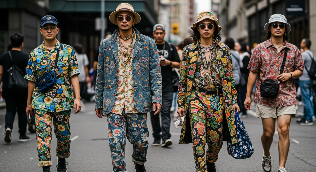 Diverse maximalist street style showcasing bold patterns and layers