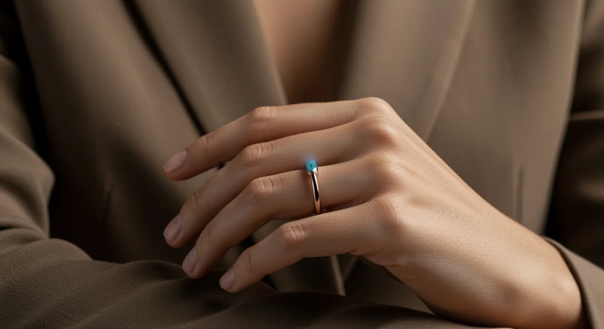 Close-up of minimalist smart ring on a model's finger.