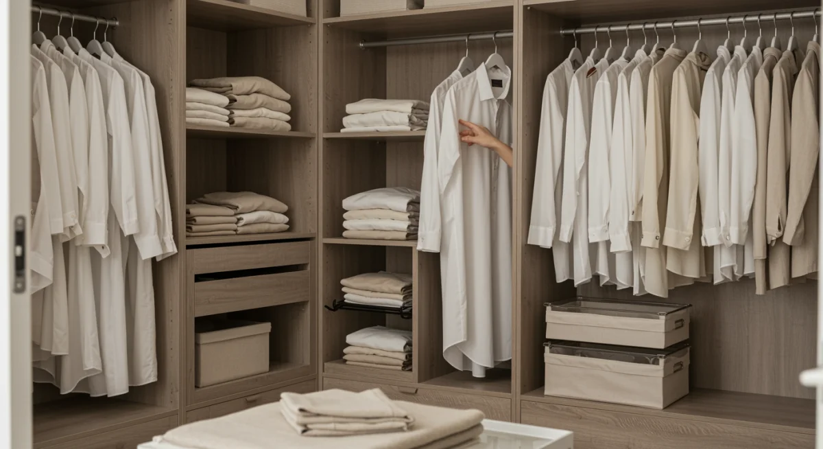 Organized minimalist wardrobe with neutral clothing items