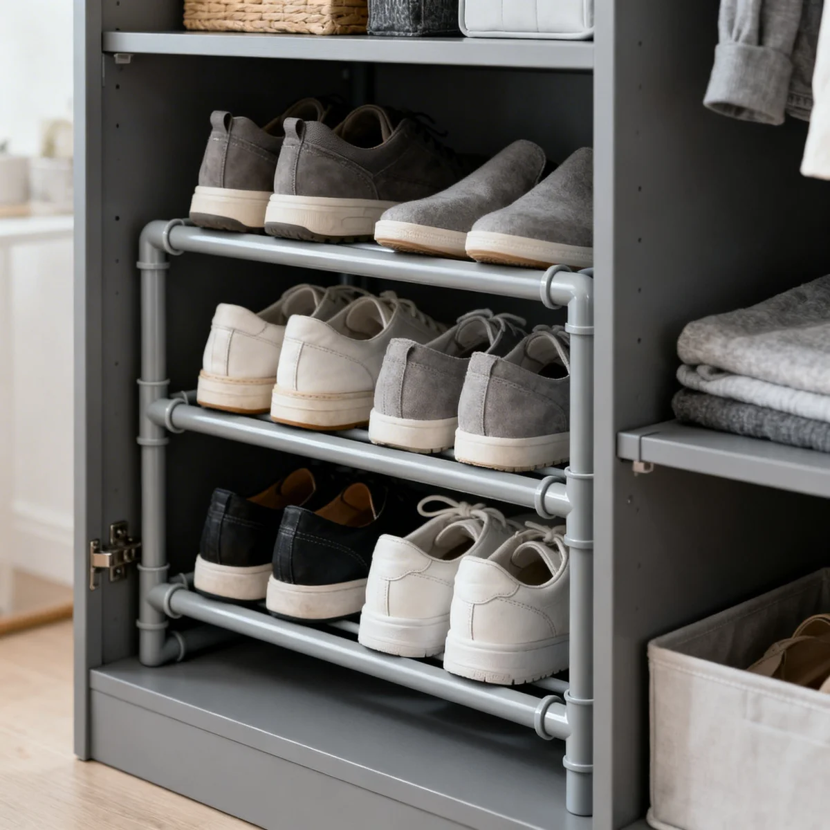 Innovative modular shoe rack made from PVC pipes, a clever DIY storage solution