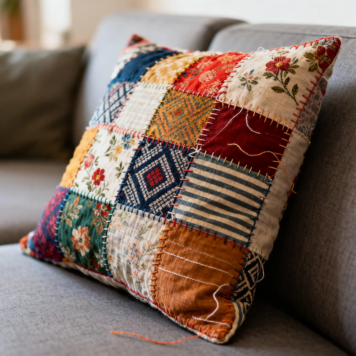Patchwork fabric scrap pillow upcycling project