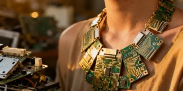 Stylish necklace crafted from circuit board pieces, showcasing repurposed old tech.