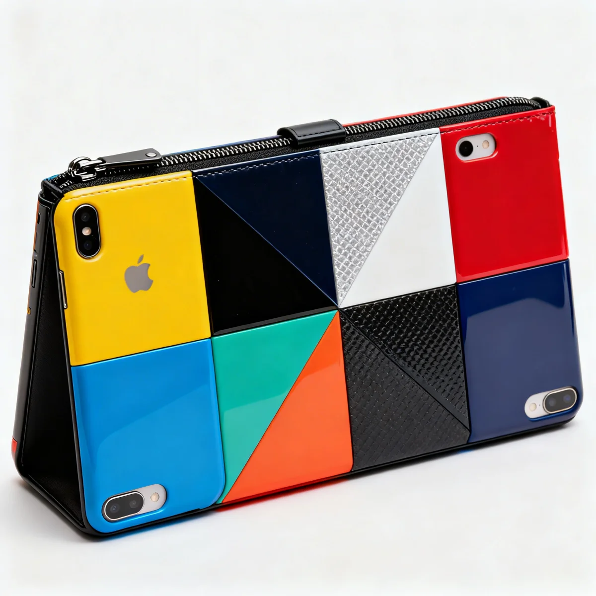 Colorful clutch bag made from repurposed smartphone cases, a creative DIY tech accessory.