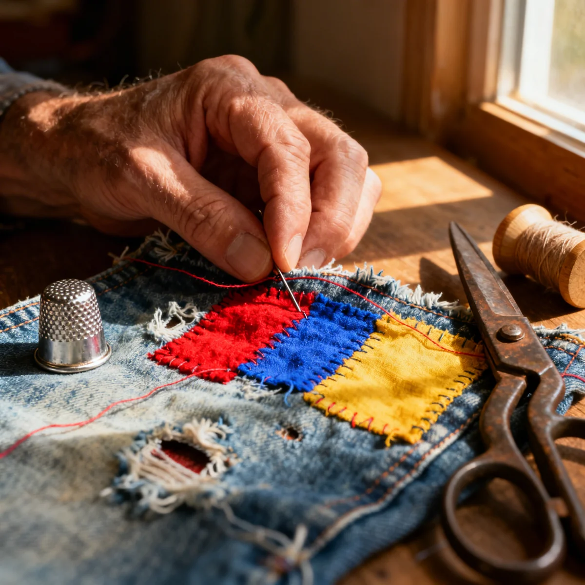 Hands sewing colorful patches onto denim jeans as part of a reconstruction project.