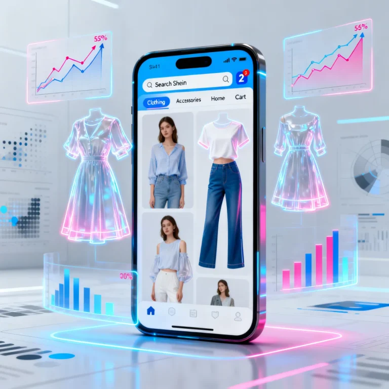 Shein shopping app interface with virtual clothing and pricing data in 2026