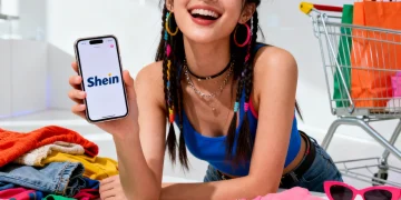 Stylish woman using Shein app to find affordable fashion gems