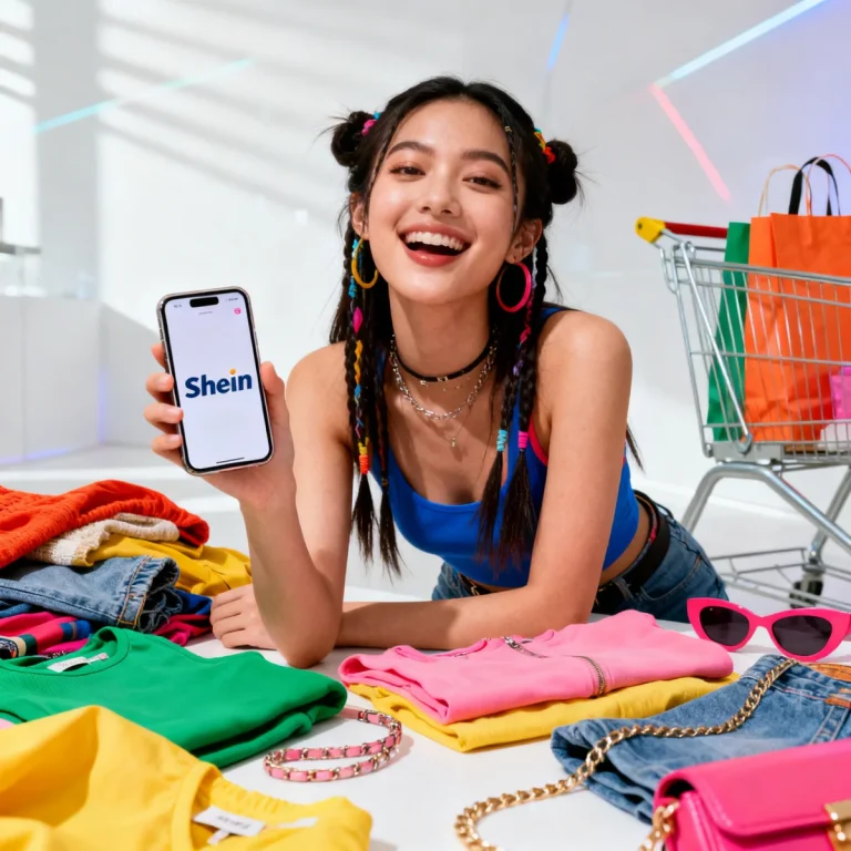 Stylish woman using Shein app to find affordable fashion gems
