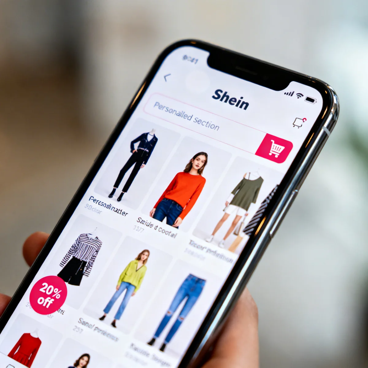 Shein app displaying personalized recommendations and a 20% discount offer