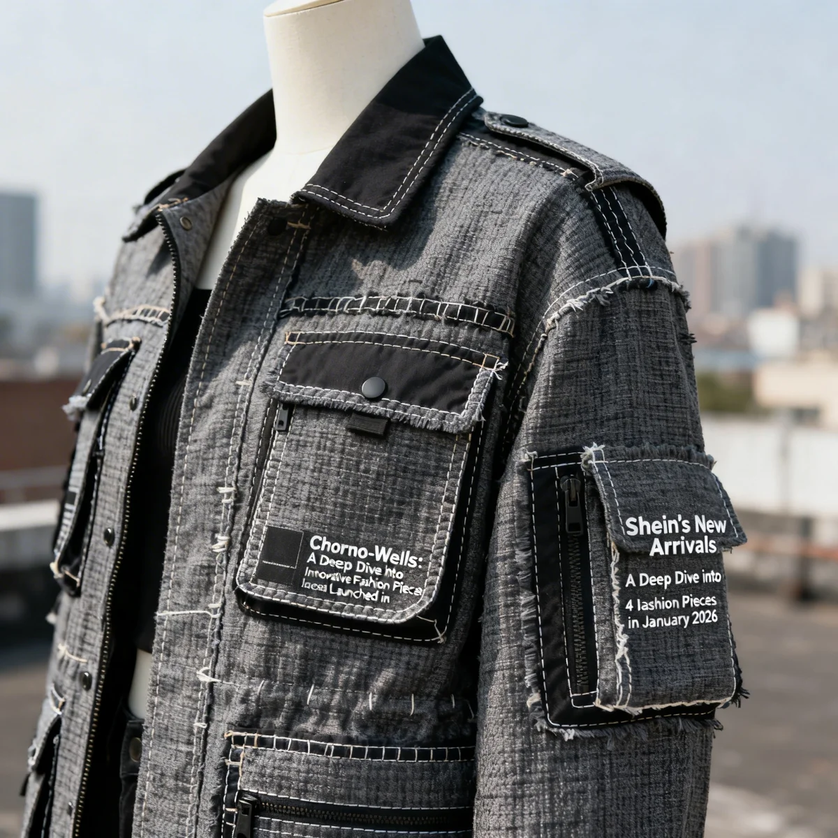 Close-up of Shein's 'Chrono-Weave' Utility Jacket, part of January 2026 new arrivals