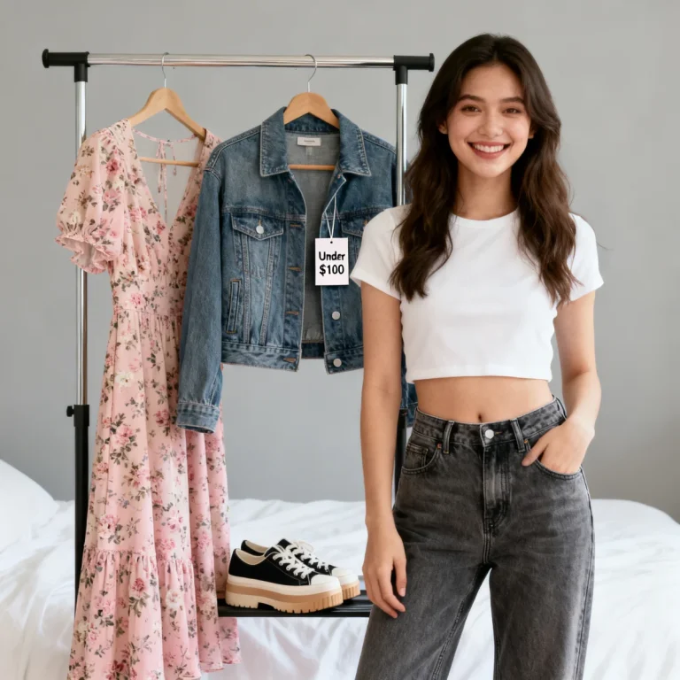 Woman showcasing trendy Shein haul under $100