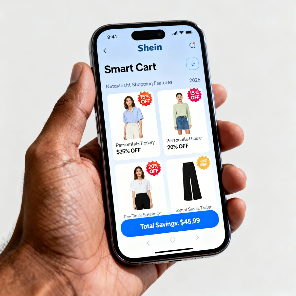 Shein's Smart Cart feature on a smartphone, displaying personalized discounts and savings tracking for 2026