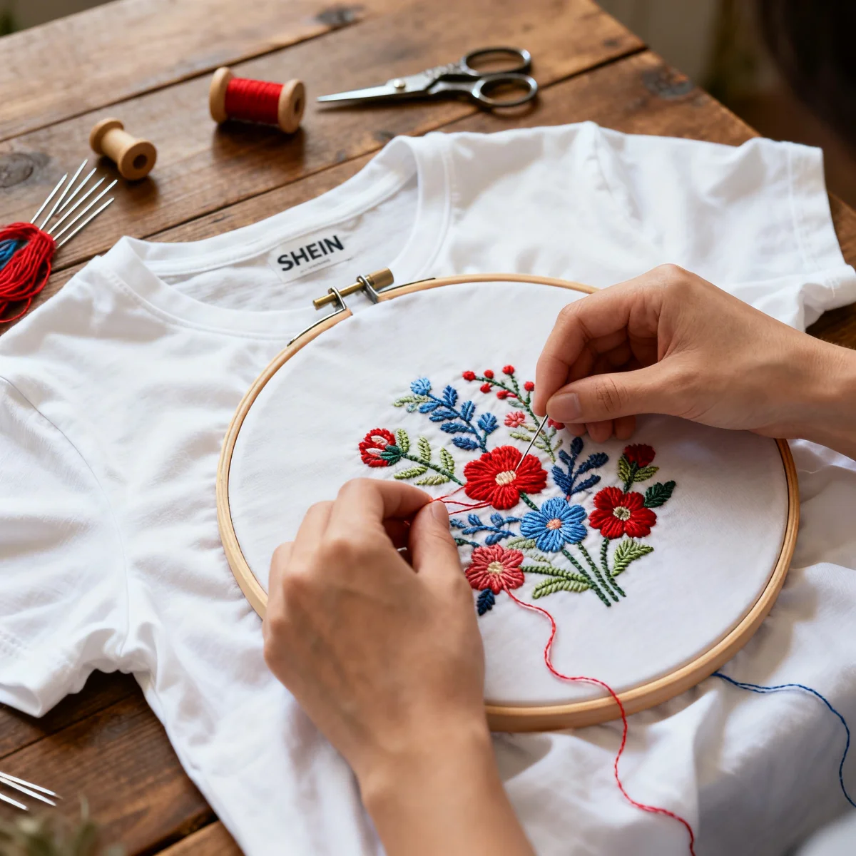 Detailed embroidery on a Shein t-shirt, showcasing DIY upcycling for Shein Haul Transformations.