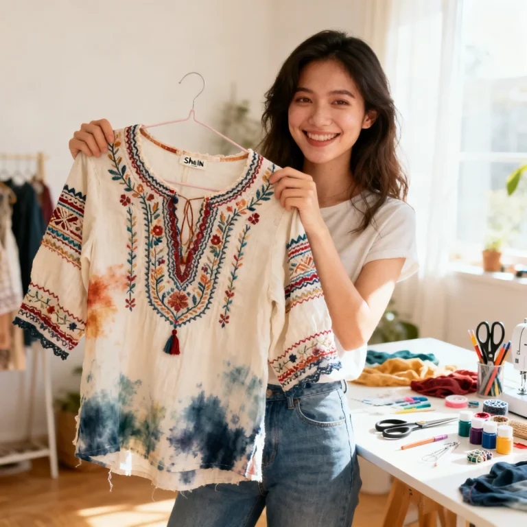 Creative Shein upcycling project, transforming old Shein hauls with DIY fashion hacks