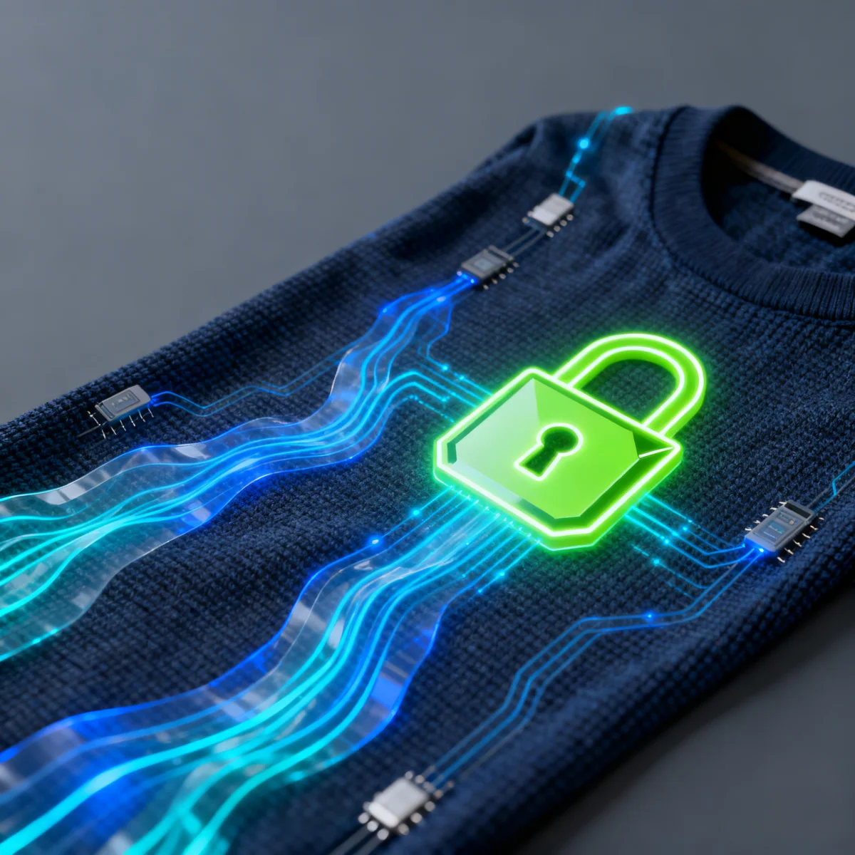 Smart fabric with embedded sensors and digital padlock, representing data security in connected apparel.