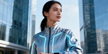 Futuristic smart fabric jacket glowing with integrated LEDs, monitoring vital signs, representing Smart Fabrics for Everyday: 3 Tech-Infused Fashion Innovations to Watch in the US Market by 2026.