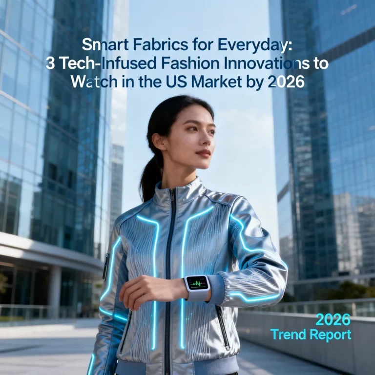 Futuristic smart fabric jacket glowing with integrated LEDs, monitoring vital signs, representing Smart Fabrics for Everyday: 3 Tech-Infused Fashion Innovations to Watch in the US Market by 2026.