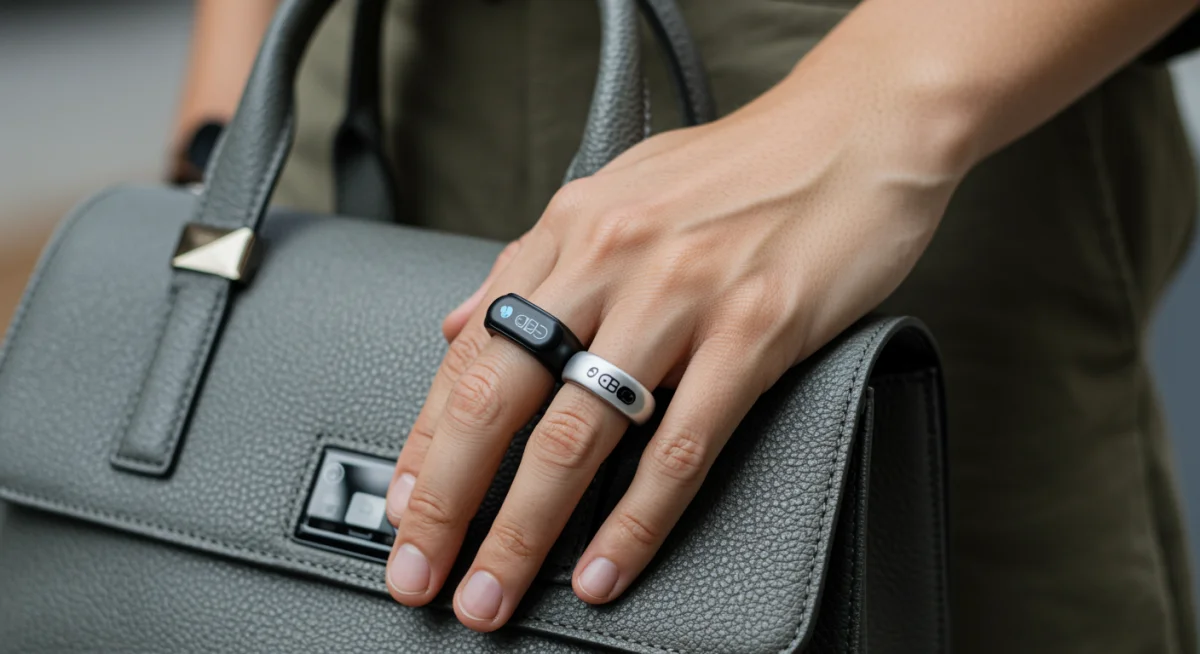 Smart ring and sustainable handbag with tech features, demonstrating integrated accessory trends.