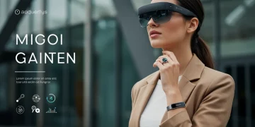 Woman showcasing elegant smart ring, AR glasses, and health-tracking bracelet in a city.