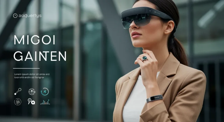 Woman showcasing elegant smart ring, AR glasses, and health-tracking bracelet in a city.
