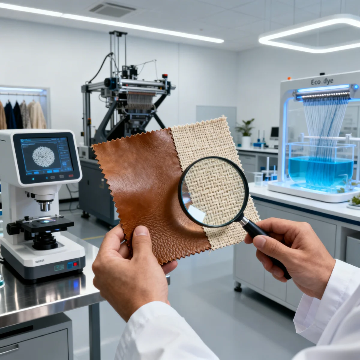 Textile engineer examining sustainable fabric, driving affordable style innovations