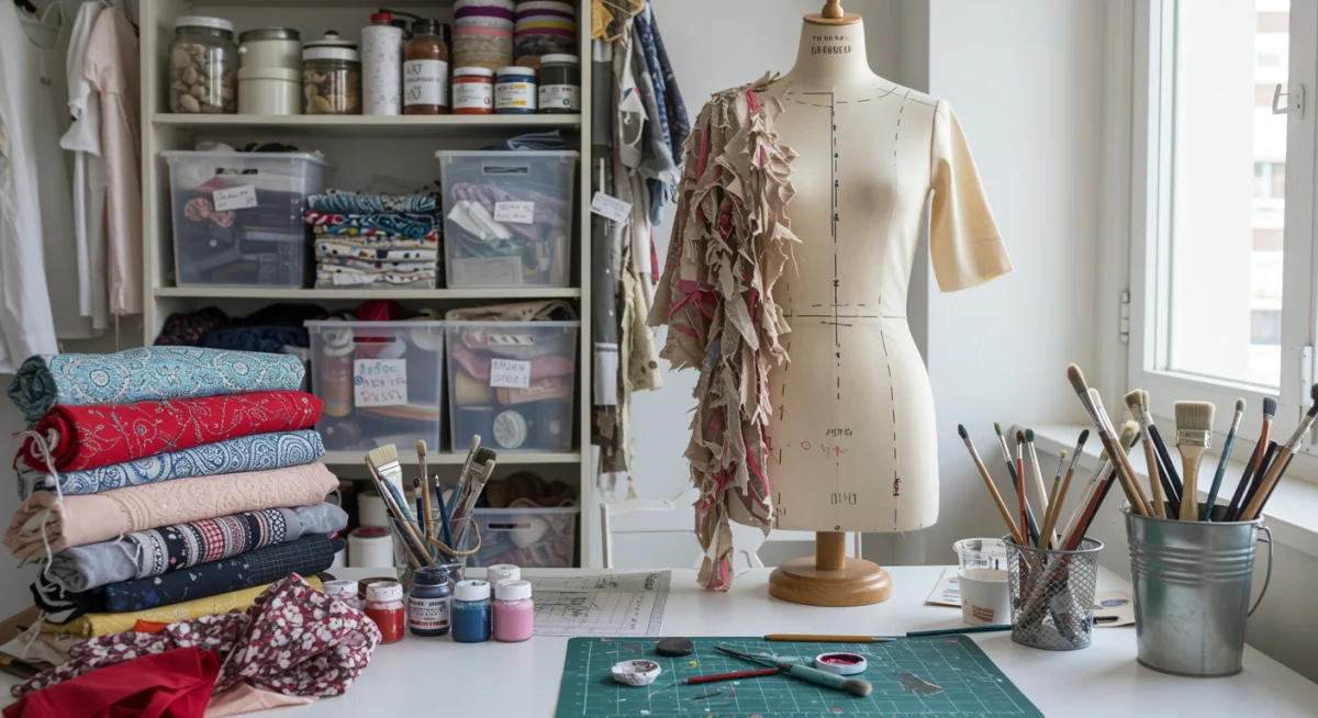 Crafting space with fabric scraps and paints