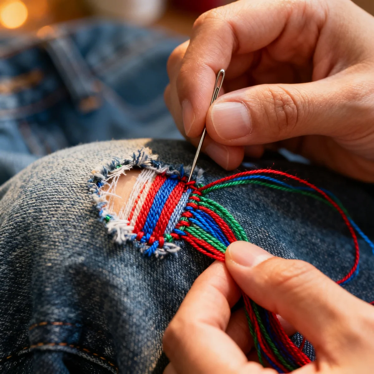 Hands visibly mending a pair of jeans with colorful thread
