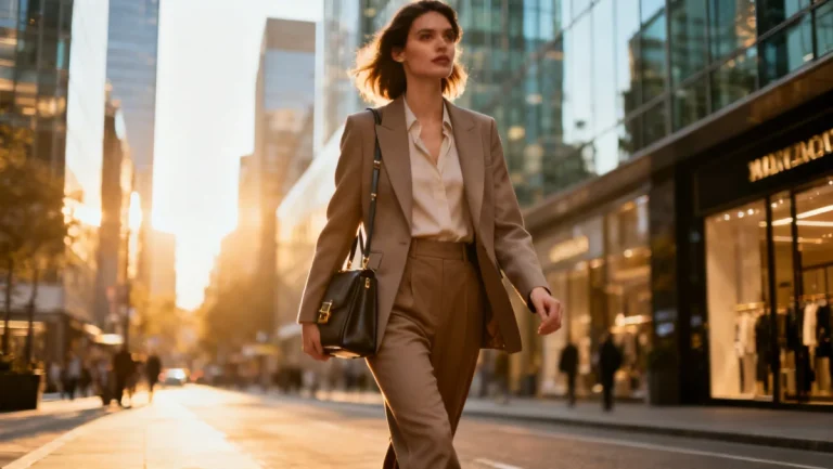 Stylish woman showcasing affordable high fashion ensemble under $100