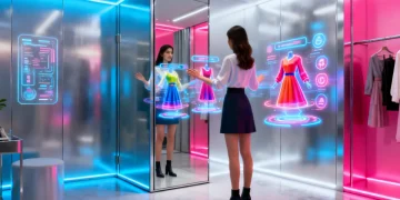 Woman trying on clothes virtually with augmented reality shopping app
