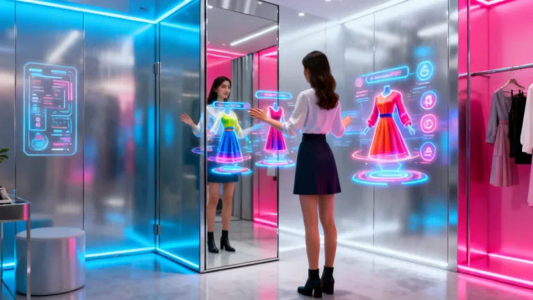 Woman trying on clothes virtually with augmented reality shopping app